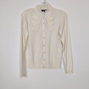 Dérique Women's Button Up Cardigan Blouse Size M Cream Ruffle Rayon Cotton Knit